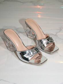 1 Pair Elegant Solid Color Open Toe Crystal High Heel Sandals, Fashionable Women's Summer Outdoor Shoes - Silver - View 7