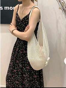 两件套：女士钩针编织单肩包和草编遮阳帽 - 可爱的花卉网纱沙滩包，配有蕾丝边宽檐帽，轻便透气，适合夏季、海滩、旅行和户外活动 - 帽子包包 - 查看 8