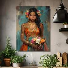 2D Plano, 1 Pieza Enmarcada de Mujer India con Flores en el Cabello - Marco de Madera Estilo Victoriano/Vintage/Art Deco, Póster de Lienzo Envolvente, Tinta Cultural para Sala, Dormitorio, Decoración de Oficina - Listo para Colgar en Interiores/Adecuado para Decoración de Invierno/Verano - Regalo - Enmarcado - View 4