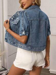 morin Áo khoác denim dáng ôm cổ điển, tay ngắn, kiểu dáng mùa hè. - Màu xanh lam - Xem 6