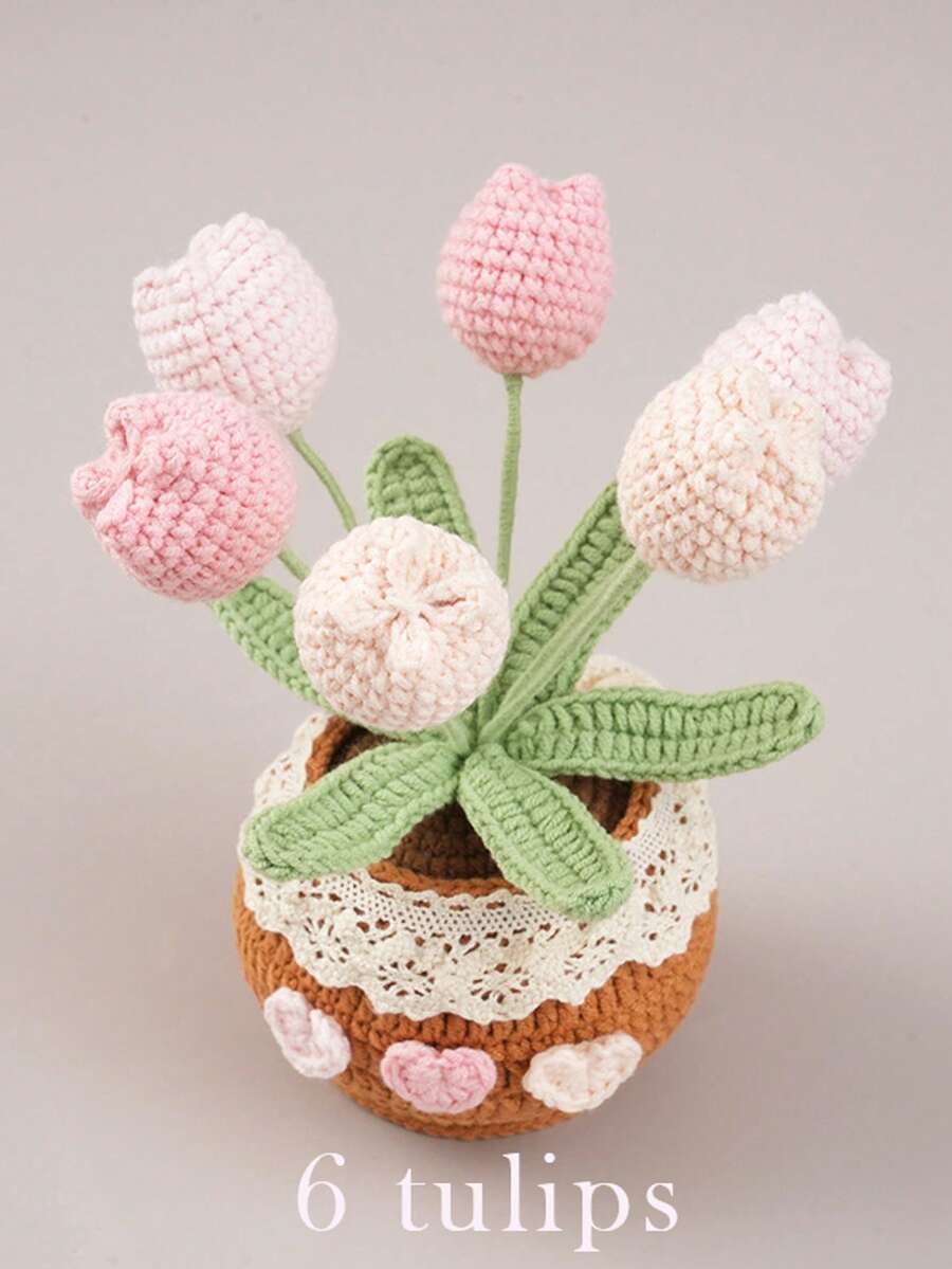 鉤針編織粉色鈴蘭花束附塑料花瓶,可愛鬱金香編織盆栽植物,畢業週年禮物,送給好友、教師感謝週、教師教室裝飾、開學季送給老師與同學的小禮物 - 彩色 - 查看 1