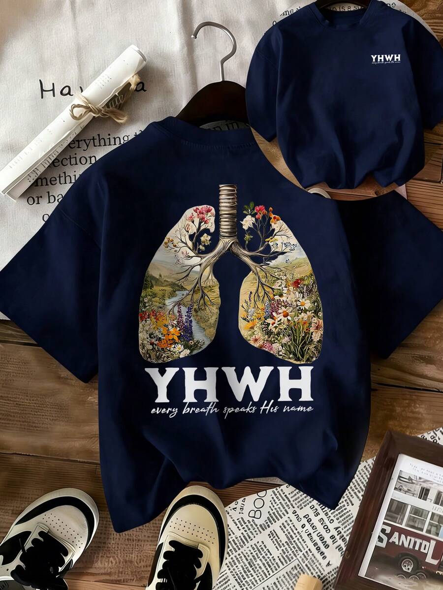 女士夏季新款YHWH植物风景印花休闲宽松百搭圆领米色短袖T恤,日常休闲上衣,适合日常和假日穿着 - 藏青 - 查看 1