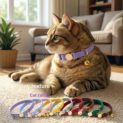 Adjustable Safety Breakaway Soft Corduroy Cat Collar With Bell, Cute Small Pet Walking Accessory