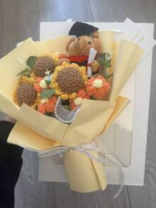 1pc Graduation Season Teddy Bear & Sunflower Bouquet (Gift Bag Included) - Handmade Knitted Floral, Suitable For Classmates, Teachers, Reunion, Home Decor, Birthday, Graduation, Mother's Day, Random Blue Color (Random Flower Bag) - View 9