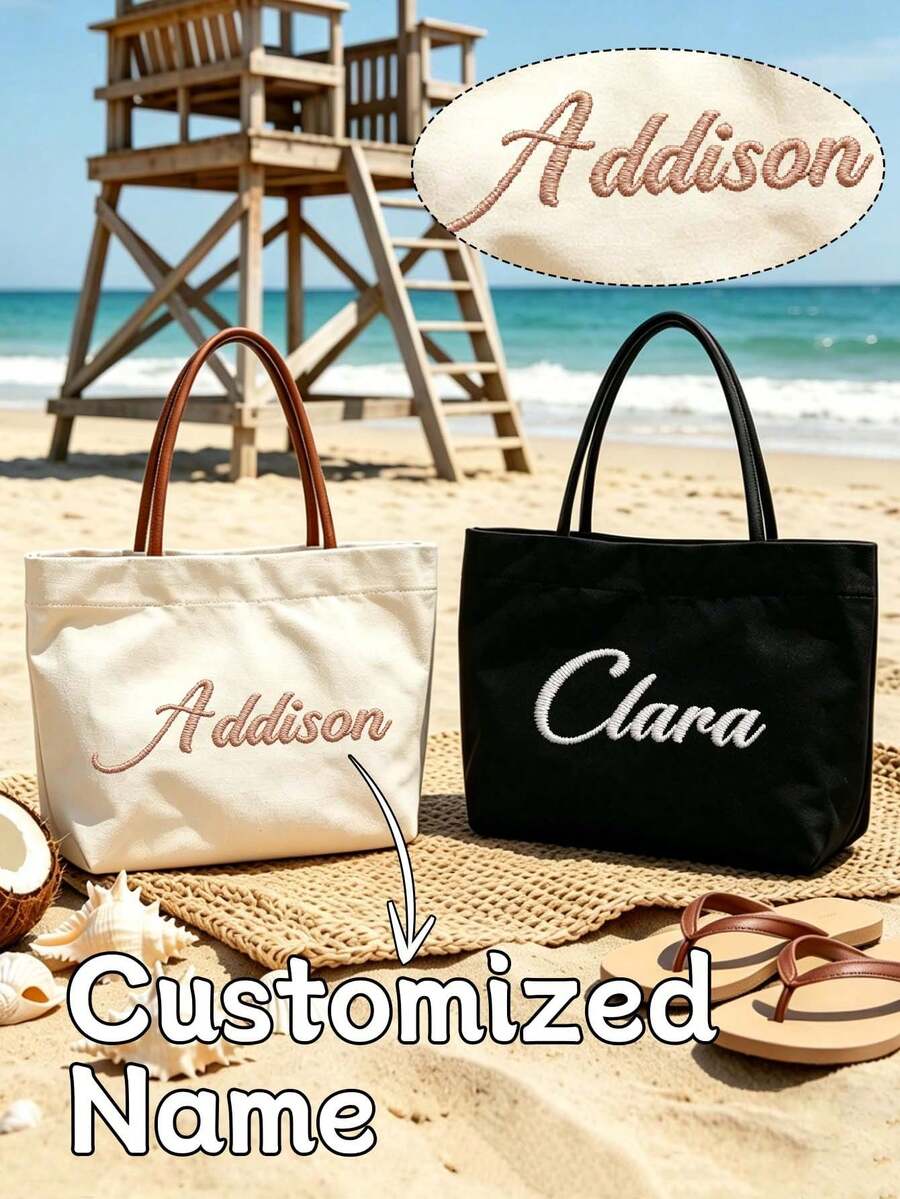 Customized Canvas Tote Bag, Bridesmaid Gift, Embroidered Canvas Tote Bag, Customized Text Tote Bag - Multicolor - View 1