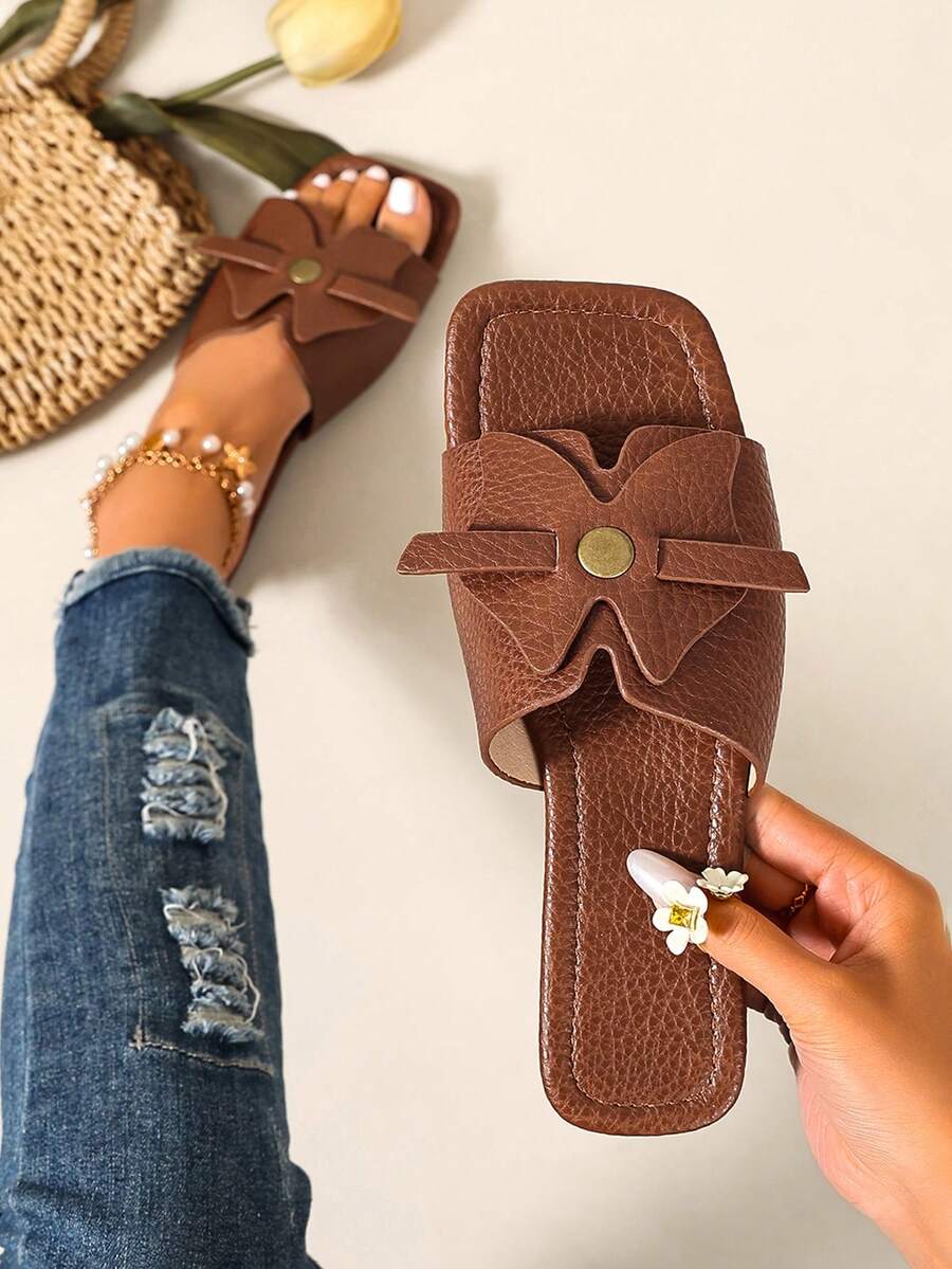 Ximi Ruo New Spring/Summer Fashion Casual Strap Slide Sandals, Comfortable Flat Heel Round Toe Slip-On Beach Slippers, Versatile Decorative Flat Sandals For Summer - Brown - View 1