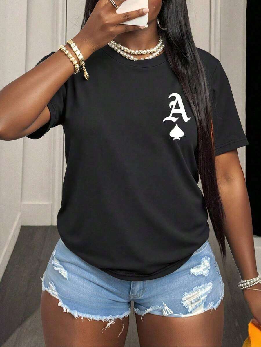 Playera de mujer 100% algodón manga corta con diseño de letra A con pica, estilo fresco y moderno, cuello redondo, transpirable para verano, modelo versátil - Negro - Ver 1