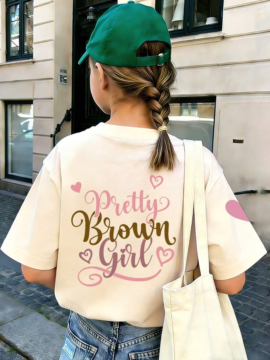 Camiseta de manga corta con cuello redondo, estampado de lema y gráfico de dibujos animados para adolescentes, top de verano - Albaricoque - Ver 1