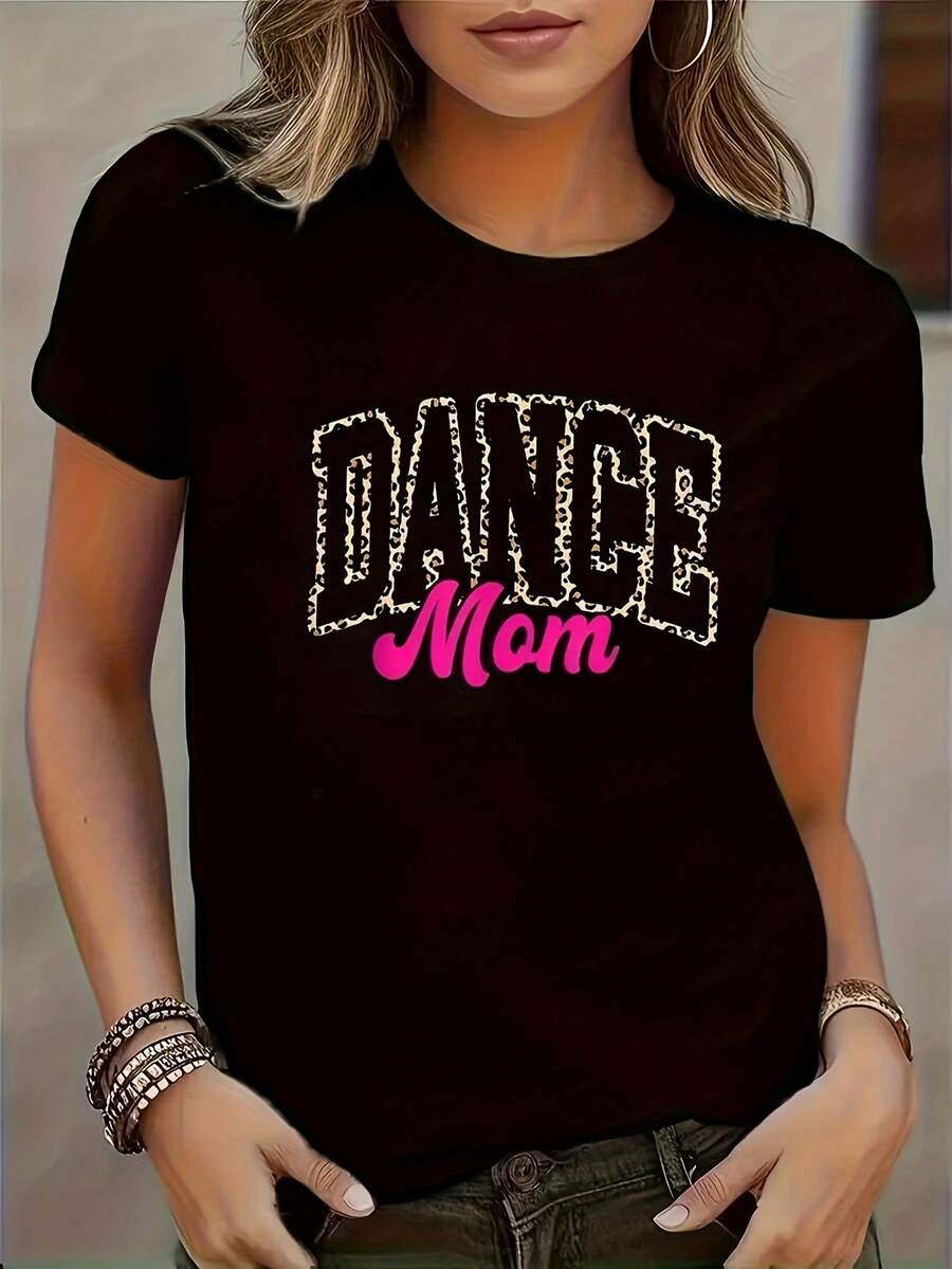Nueva camiseta europea con estampado de leopardo y patrón de letras DANGE - Negro - Ver 1