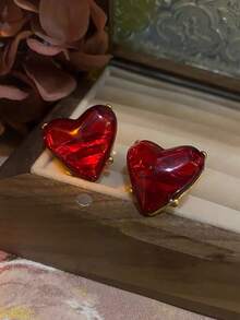 1 Pair Exaggerated Delicate Elegant French Romantic Burgundy Vintage Heart Design Resin Inlaid Earrings, High-End Suitable For Women's Daily, Festival, Date, Party Wear - Burgundy - View 7