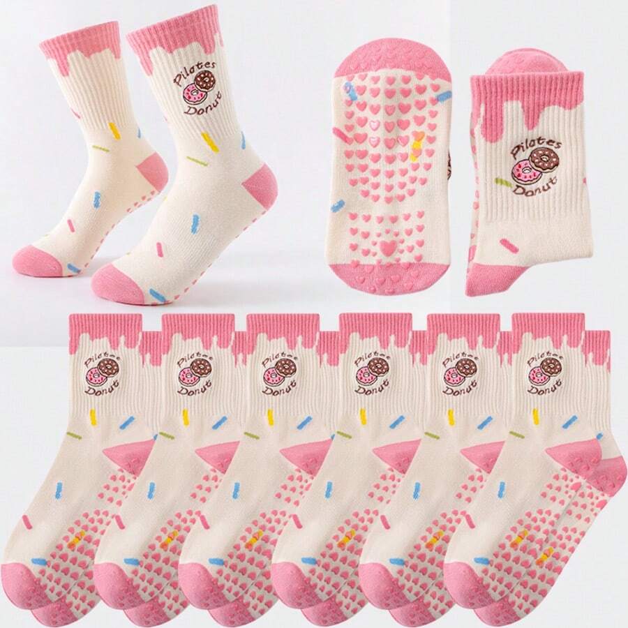 1/2/3/4/5/6 Pairs Of Women's Pilates Sports Socks,Anti Slip,Wear-Resistant,Comfortable,Moisture Absorbing Printed Grip Yoga Socks, Suitable For Pilates, Yoga, Fitness, Dance, Etc. Cute Donut Embroidery Pattern Tube Socks, Give Others The Ideal Gift. - Apricot - View 1