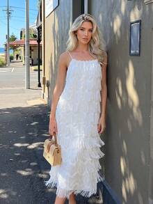 Elegant Solid Color Multi-Layer Tassel Strap Dress, Summer - Apricot - View 1