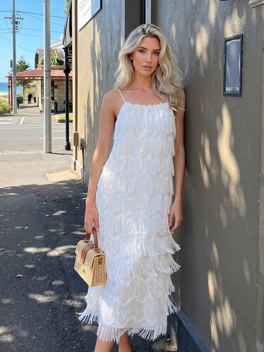Elegant Solid Color Multi-Layer Tassel Strap Dress, Summer - Apricot - View 1