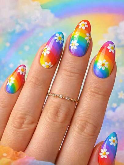 Mid-Length Colorful Rainbow Striped Gorgeous 24pcs Detachable Reusable White Floral False Nails, Convenient For Daily, Party, Holiday Wear