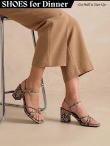 Women Strappy Square Toe Chunky Block Mid Heel Sandals – Cute Elegant Buckle Strap Heels For Spring/Summer Weddings, Bridesmaid, Date Night, Party, Prom & Business Casual Wear [Size Up Half Size] - 蛇紋PU - 查看 1