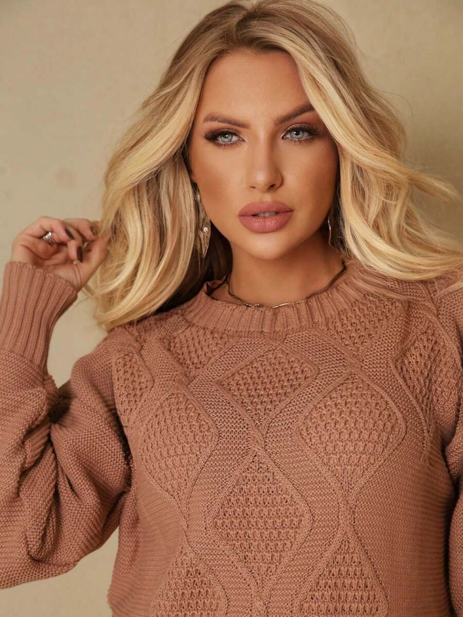 Pingo D' La Malhas Women's Plus Size Textured Knit Blouse With High-Relief Diamond Pattern, Loose Fit, Comfortable For Winter - New Beige - View 1
