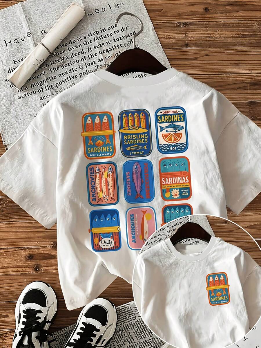 Damen-T-Shirt mit doppelseitigem Vintage-Sardinendosen-Collage-Print, lockerer, bequemer Y-Ausschnitt, Frühling/Sommer-T-Shirt - Weiss - Übersicht 1