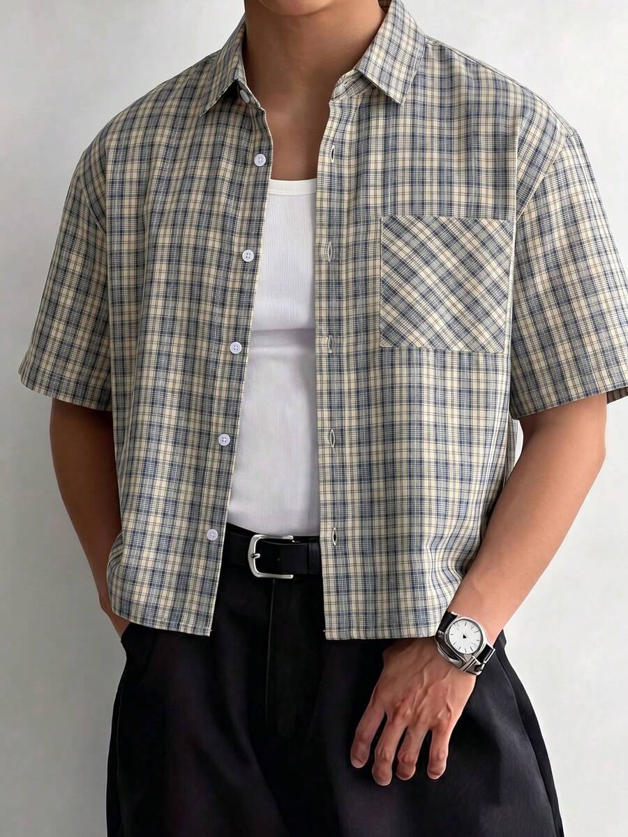 男士多色格子短袖衬衫，高品质透气格子上衣，时尚纽扣休闲衬衫，街头风日常穿搭 - 彩色 - 查看 1