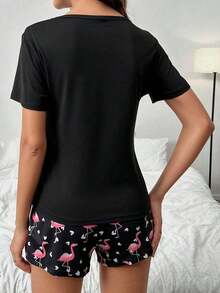 Pajama Set With T-Shirt And Shorts Featuring A Flamingo Graphic And Lettering - Black - View 2