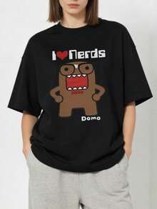 Camiseta de manga corta con cuello redondo suave y casual para mujer, estilo veraniego, con estampado retro Y2K de Domo-Kun con gafas, estilo clásico japonés, "I Love Nerds". Color blanco. - Negro - Ver 5