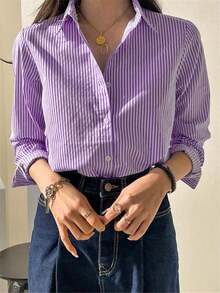 Lindo cárdigan de manga larga con botones y rayas azules, blusa/parte superior casual elegante vintage para mujer, adecuado para primavera/verano, días festivos/Día de San Valentín - Morado - Ver 2
