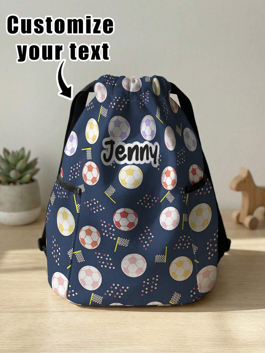 1pc Customized Name Cartoon Soccer Pattern Drawstring Backpack, Sports Bag With Pockets, Can Be Customized According To Your Unique Design, Back To School Gift, Perfect For Kids, Boys, Girls, Print Your Own Name Or Print Your Sister's And Classmate's Name As A Gift To Give To Others - Multicolor - View 1