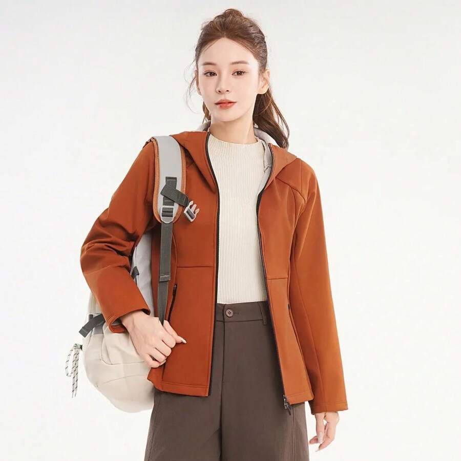 Chaqueta de Softshell Elástica para Mujer, Tejido Mezcla Poliéster-Nailon, Estilo Relajado para Combinar con Todo - Terracota - Ver 1