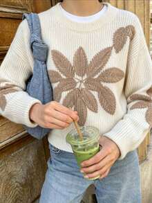 Women's Elegant Crew Neck Colorblock Floral Embroidery Knit Sweater, Suitable For Daily Commute, Casual And Holiday Wear, Autumn/Winter White - White - View 6