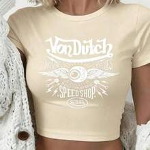 2026 Summer Clothes Dutch Motorcycles Speed Shop With Winged Eye Women's Casual Solid Color Crew Neck Short Sleeve Slim Fit Cropped T-Shirt Basic Summer Polyester Top, Versatile Everyday Wear, Perfect Gift For HerLoose And Comfortablesummer Tops  Dutch Clothes Women Playeras De Mujer - 杏色 - 查看 7