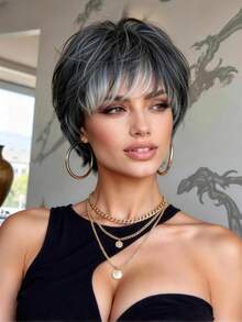 10 Inch Black Short Hair With Bangs Synthetic Heat Resistant Straight Bob Wig, Full Wig For Women Daily Wear & Cosplay - Gray Highlight - View 1