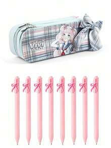 1 Set JK Plaid Schoolgirl Bow Pencil Case Set, Ins Style Large Capacity Student Stationery Bag + Neutral Pen, Suitable For Students - Bow Pencil Case - View 4