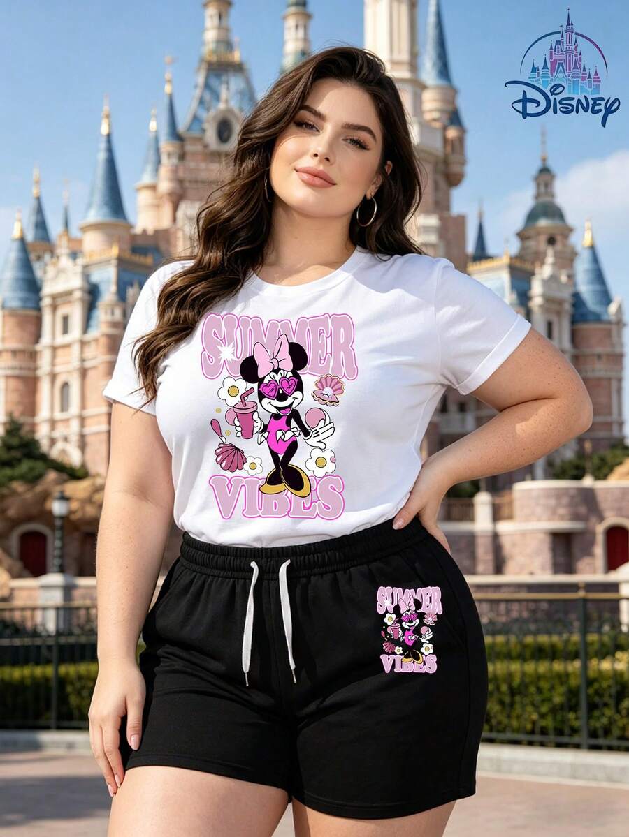 Disney Official Licensed | Disney Minnie Mouse "Summer Vibes" Print Women's Casual Short Sleeve T-Shirt & Shorts Set - Sweet & Vibrant Casual Style, Soft Breathable Fabric, Crew Neck, Ideal For Vacation, Travel & Daily Casual Wear - trắng - Xem 1
