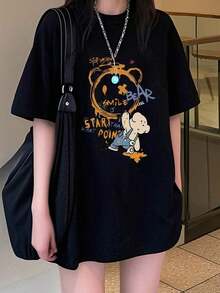 Camiseta de manga corta para mujer, casual, de cuello redondo, corte holgado, con estampado de oso de dibujos animados, estilo primavera/verano, negra, 100% algodón. - Negro - Ver 7