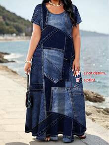 Plus Size Women Fashion Denim Effect Casual Vacation Dress With Pockets Elegant - Blue - View 3
