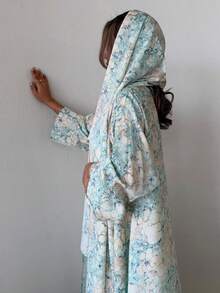 2pcs Set Lightweight Breathable Casual Floral Print Polyester Long Cardigan Robe + Chiffon Printed Scarf Set, Suitable For All Seasons - Mint Green - View 1