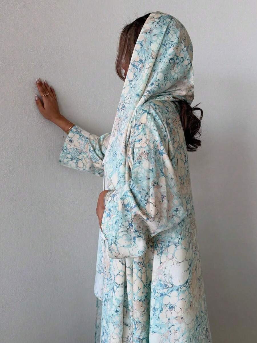 2pcs Set Lightweight Breathable Casual Floral Print Polyester Long Cardigan Robe + Chiffon Printed Scarf Set, Suitable For All Seasons - Mint Green - View 1