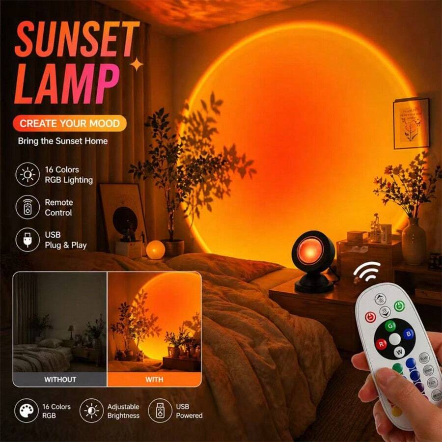The RGB Sunset Lamp Fixture Offers 16 Different RGB Colors, 4 Lighting Modes, And Convenient Remote Control Functions. It Can Create A Perfect Atmosphere For Relaxation, Photography, Or Gatherings. It Is Powered By USB And Easy To Use, Making It An Ideal Aesthetic Lighting Upgrade Choice For Any Room. - 黑色 - 查看 1