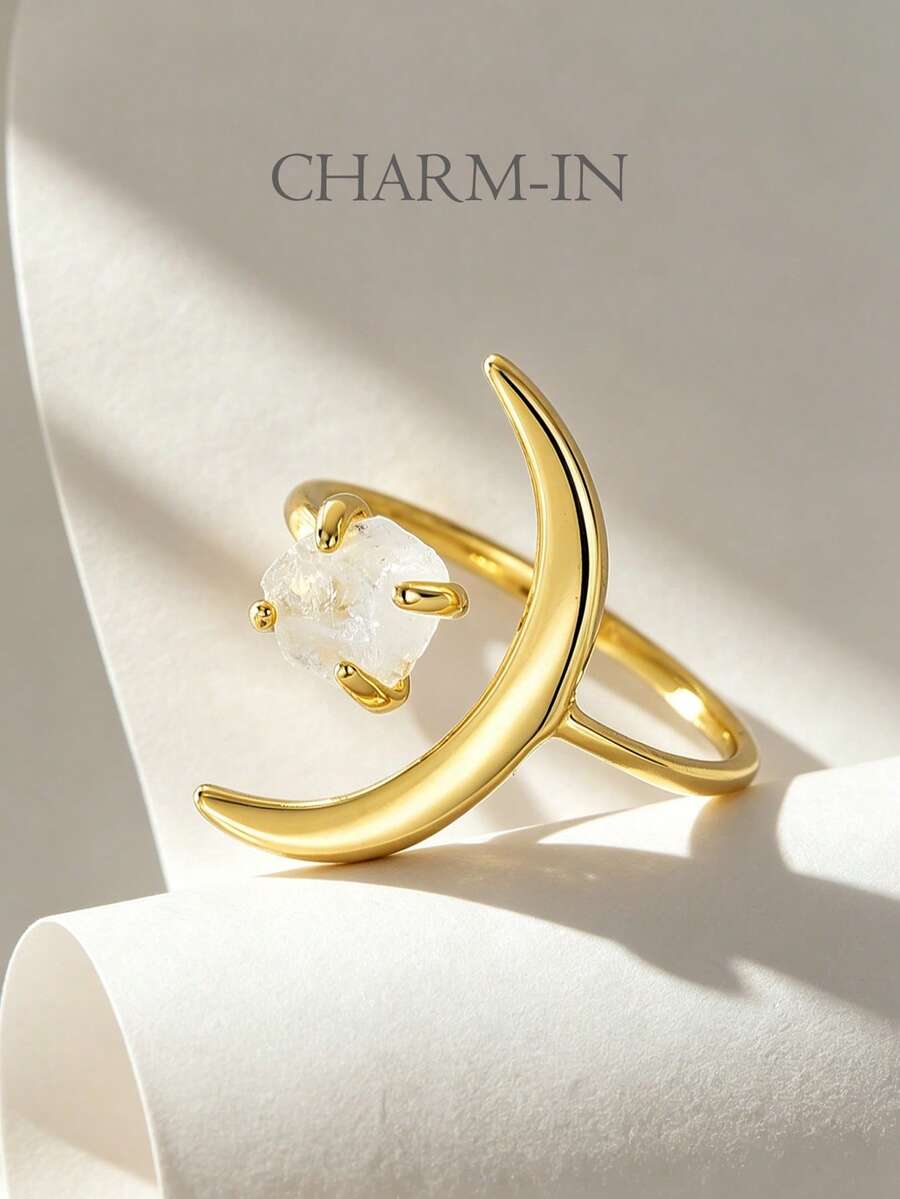 Charm-In Nhẫn hở hình trăng lưỡi liềm bằng thạch anh trong suốt mạ vàng 18K, trang sức độc đáo lấy cảm hứng từ thiên thể dành cho nữ. - Vàng - Xem 1