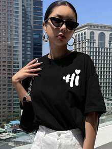 Front And Back Print Short Sleeve - Yi, Heart Pattern Printed Round Neck Short Sleeve T-Shirt - Fashionable Comfortable, Breathable Casual, Spring Summer  Versatile Classic Style Top-Koszulki - Black - View 3