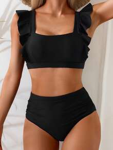 Women's Solid Color Thick Strap Ruffle Tie Swimwear Set, Casual Fashionable Summer Holiday Beach 2-Piece Vacation Black - Black - View 4
