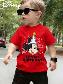 Disney Licensed Mickey Mouse "It's My Birthday!" Party Hat Print Kids' T-Shirt, Short-Sleeved Casual Top, Cute Themed Printed Tee, Perfect For Daily Wear, School Activities, Family Outings, Theme Park Visits And Holiday Gifts, Shipped From Local Warehouse - Đỏ - Xem 1