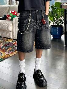 Rực rỡ! Quần short denim đính đá lấp lánh cao cấp, phủ kín bằng những viên đá lấp lánh tạo thành họa tiết chữ nghệ thuật, kiểu dáng ống quần suông thoải mái, lấp lánh và độc đáo, hoàn hảo cho các bữa tiệc đêm. - màu đen - Xem 7