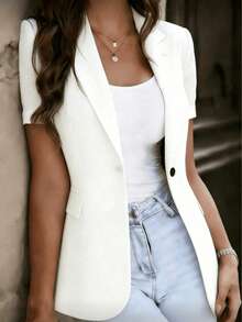 Women's Short Sleeve Solid Blazer, Collared Front Button Pocket Jacket, Lightweight Business Casual For Office, Commuting, Daily, Spring Summer Fall - White Short-sleeved Shirt - View 3
