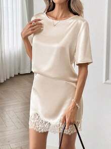 Crew Neck T-Shirt Top And Lace Patchwork A-Line Skirt Set, Silk Satin And Lace Patchwork Casual Loose Elegant Office Lady Style, Spring/Summer Women 2-Piece Set - Albaricoque - Ver 6