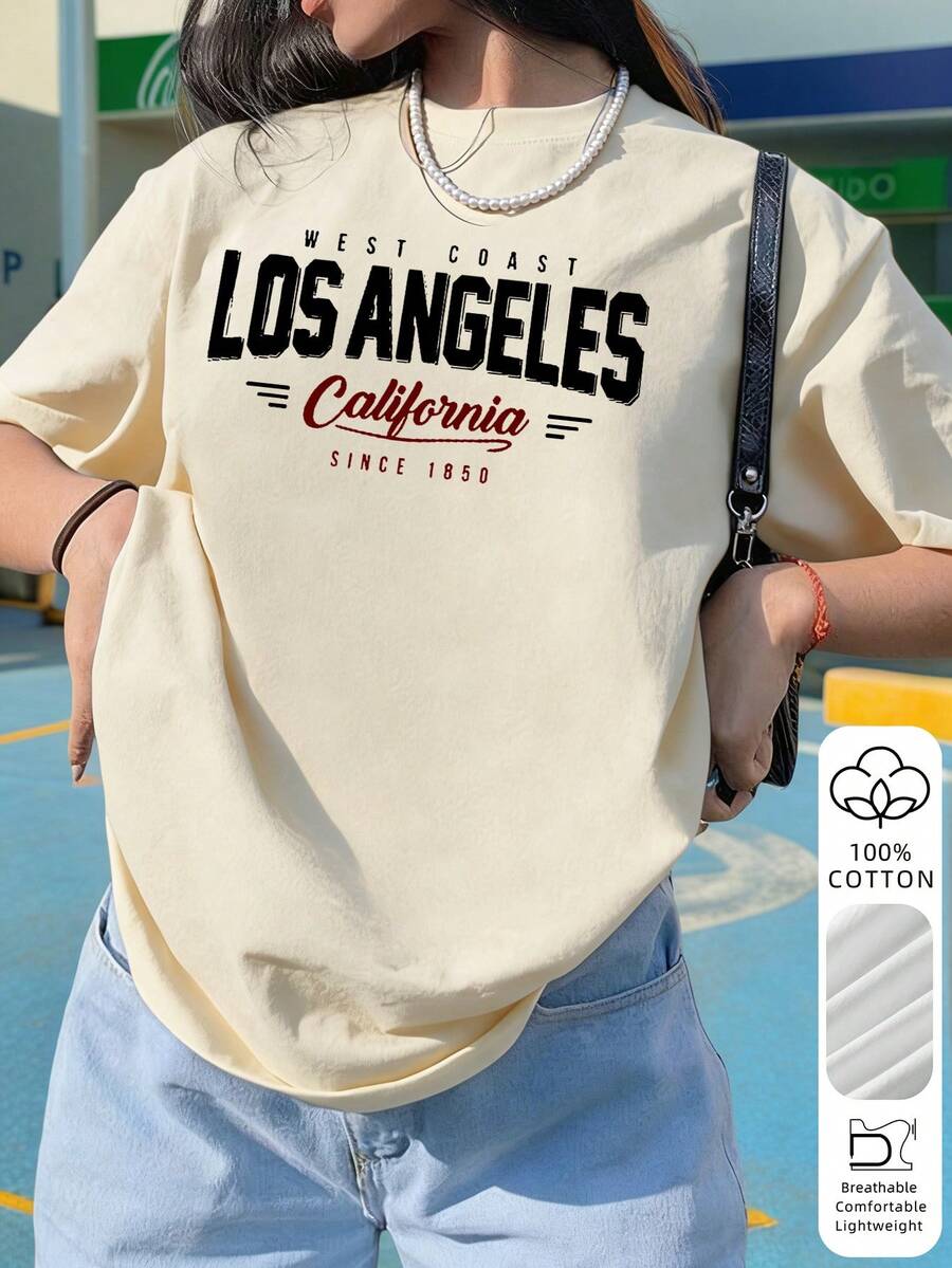 Áo thun nữ dáng rộng in hình Los Angeles California thập niên 90, 100% cotton, cổ tròn thoải mái, phong cách đường phố retro, phù hợp cho trang phục thường ngày, tụ họp cuối tuần, kỳ nghỉ và trang phục retro mùa hè.