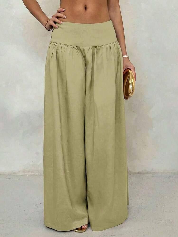 Retro Low-Waisted Wide Leg Pants, Flowy & Slimming Casual Women Long Trousers Fall Women Clothes Back To School - 綠色 - 查看 4
