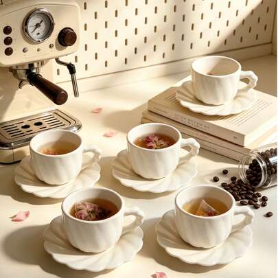 6pcs/Set INS Style Pure White Embossed Coffee Cup & Saucer Set, Espresso, Latte, Afternoon Tea Cup, Includes Cup And Saucer, Tea Cup, Creative Tea Cup, Glass Cup With Tray Set, Coffee Cup, Restaurant Home Glass Cup, Tea Cup, Unique Gift, Pink Gift, Gift For Her, Holiday Gift, Great Gift