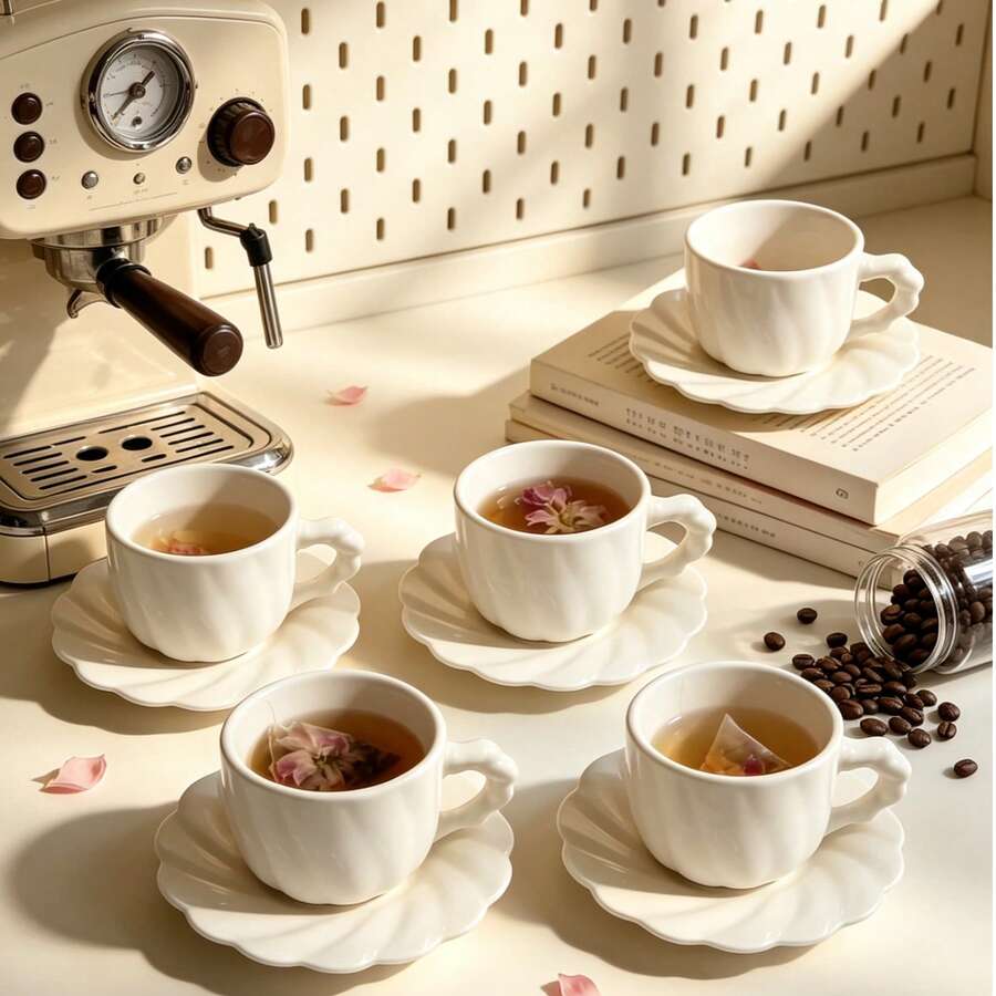 Bộ 6 tách và đĩa cà phê kiểu INS màu trắng tinh khiết, họa tiết dập nổi, thích hợp cho espresso, latte, trà chiều, bao gồm tách và đĩa, tách trà, tách trà sáng tạo, bộ tách thủy tinh kèm khay, tách cà phê, tách thủy tinh dùng trong nhà hàng và gia đình, tách trà, quà tặng độc đáo, quà tặng màu hồng, quà tặng cho nữ, quà tặng ngày lễ, quà tặng tuyệt vời. - Nhiều màu - Xem 1