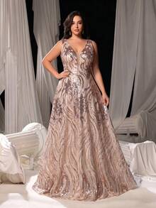 Đầm dạ hội cỡ lớn thanh lịch không tay cổ chữ V, thêu đính sequin sang trọng, thích hợp cho đám cưới, tiệc tùng, biểu diễn, phù dâu hoặc kỳ nghỉ. - Màu be - Xem 2