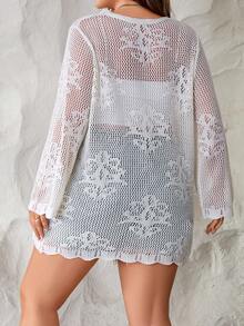 Plus Size Solid Color Hollow Floral Pattern Casual Tie-Up Knit Cardigan - Apricot - View 2
